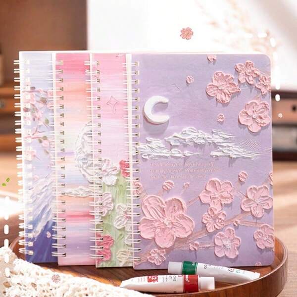 A5 Coil Notebook, Thick Lined Memo Pad, Student Stationery, Painting Landscape Patterned Diary Journal, School Supplies,Back To School