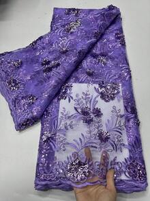 2025 新款时尚优质蓝色/金色亮片花卉刺绣蕾丝花边网布，1 码/5 码女装手工缝纫薄网眼蕾丝面料，适合非洲/尼日利亚/法国红色/银色女士婚纱派对晚礼服制作服装缝纫面料，家居 DIY 装饰面料