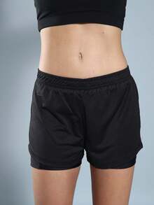 WOMEN'S DOUBLE FITNESS SHORTS IDEAL FOR RUNNING AND THE GYM - Black - View 3