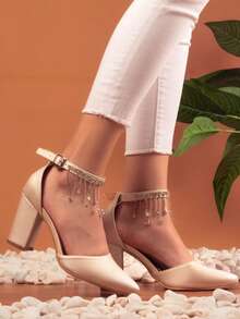 Tacones de aguja en punta para mujer de color caqui, diseño de corte, tacón grueso, material, colección elegante, de diferentes colores, zapatos de tacón  Elegante  Fiesta    Diamante de imitación    Boda - Blanco - Ver 2