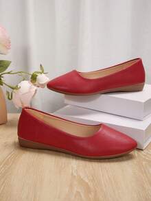 Women's Solid Color Flat Shoes, Comfortable Slip-On Soft Bottom Shoes, Casual Versatile Ballet Flats - Burgundy - View 3