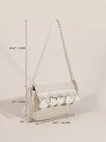 2025 夏季波西米亚风编织流苏女士包，米色编织肩带休闲单肩包，时尚海滩度假草编包 - 彩色 - 查看 5