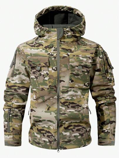 Men's Autumn/Winter Fashion Thermal Lined Camouflage Hooded Jacket, Tactical Jacket With Multiple Pockets, Windproof Softshell Thick Warm Jacket - Suitable For Outdoor Sports, Hiking, Camping, Cycling