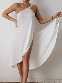 1 chiếc váy ngủ Yukata không tay vải gạc màu trơn nhẹ mùa hè, đồ ngủ cotton thoáng khí, dài đến đầu gối, thoải mái - trắng - Xem 1