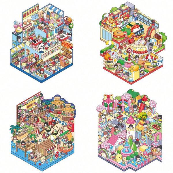 Big Size Colorful Cute 3D Cartoon Sticker Scenes, DIY House Stickers For Seaside Music Festival, Food Street, 3D Miniature Scene Stickers For Adult Kids Relief Stress Pass The Time