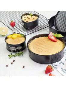 1/3pcs Carbon Steel Thickened Round Removable Bottom Birthday Cake Pan, Non-Stick Baking Tray With Clips, Multipurpose Baking Pan - Black - View 4