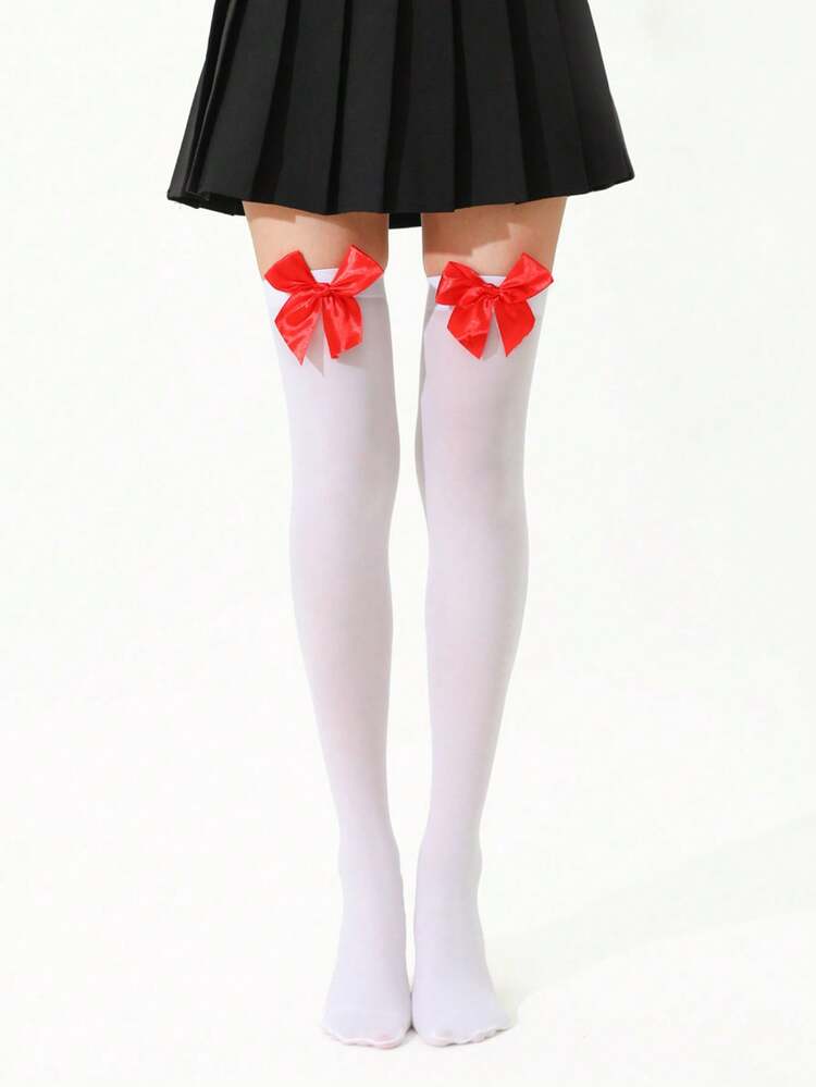 1 双女士天鹅绒蝴蝶结点缀大腿长筒袜，性感诱人的日式可爱风格，涤纶材质，夏季 - 彩色 - 查看 2
