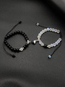 2pcs/Set Magnetic Heart Couple Bracelets, Bead Bracelet, Versatile Colors & Styles Suitable For Daily Wear, Parties, Great Gift For Boyfriend