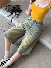 Distressed American Style Wide Leg 7/8 Length Loose Casual Ripped Straight Leg Cropped Jeans For Women - Blue - View 3