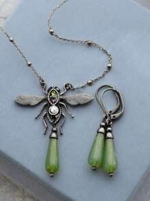 3pcs Dragonfly & Geometric Pendant Necklace Earrings Set, Vintage Style Classic Jewelry With Natural Stone, Zirconia, Pearl Decor For Women Party & Occasion