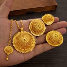 6 Peças/Conjunto Clássico Árabe Conjunto de Joias Cor Dourada: Colar Flor Pingente Anel Brincos Pulseira Headchain Tiara, Para Noiva Africana Casamento, Presente de Festa de Feriado