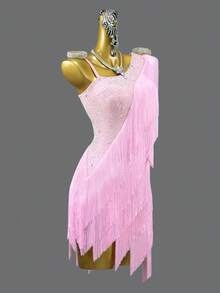 ABC Dancing New Style Latin Dance Dress With Fringe For Women And Girls, Competition Ballroom Dance Performance Sexy Outfit Custom Made For Salsa, Cha Cha Cha Party - Baby Pink - View 4