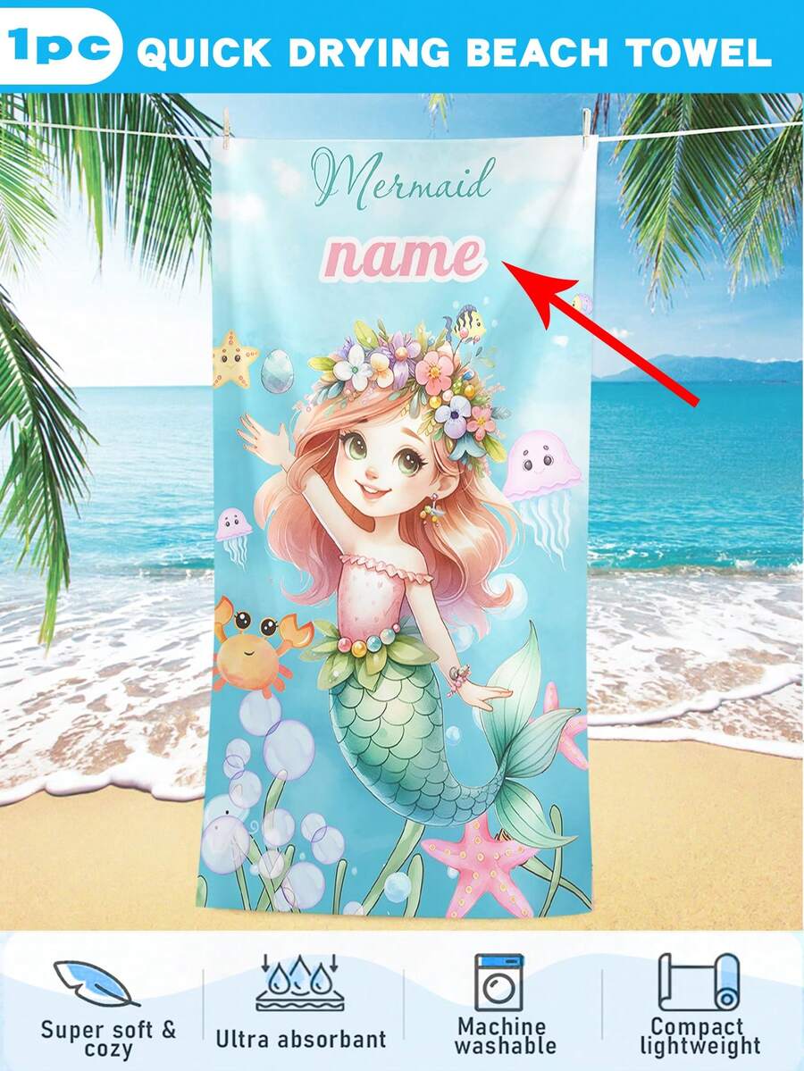 1pc Customized Mermaid Girl Soft Towel, Scaly Pattern, Can Customize Child's Name And Shiny Gift - Multicolor - View 1