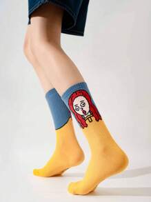 5 Pairs Unisex Mixed Color Original Abstract Artistic Illustration Design Fashionable Sports Mid-Calf Socks, Suitable For Everyday Wear
