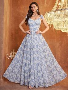 Wedding Chiffon Ditsy Floral With White Lining, Strapped, Padded A-Line Bridesmaid Dress - Blue and White - View 4