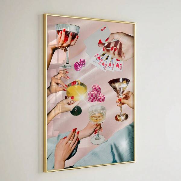 1pc, Wall Arts, Vintage Posters, Woman Playing Poker And Drinking Night Card Gallery Wall Print, Pink Vintage Playing Cards Print, Stylish Bar Cart Large Art Decor, Living Room Decor, Bedroom Decor Aesthetic, Housewarming Gift, Unframed
