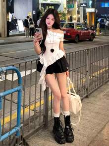 女士露肩系带袖修身短款上衣，夏季休闲白色 - 白色 - 查看 8