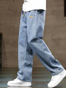 Calça Denim Casual Confortável de Perna Reta Solta com Cintura Elástica e Cordão, Plus Size, Ideal para Todas as Estações