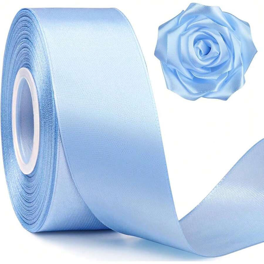 New 1-1/2 Inch Wide Sky Blue Satin Ribbon, 50 Yards Solid Polyter Fabric Ribbon For Ros Making, Gift Wring, Wedding Drations, Crafts, Bows - Sky Blue - 查看 1