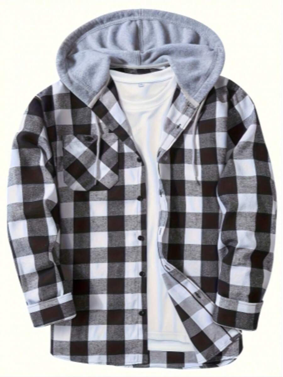 Men Flannel Hoodie Shirts Long Sleeve Casual Plaid Jackets