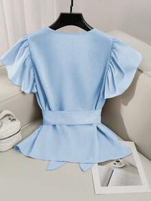 V-Neck Solid Color Ruffle Sleeve Cinched Waist Wrap Top With Tie Waist - Blue - View 7