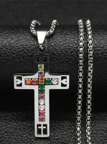 1 pieza Elegante collar con cruz católica para hombre, Conjunto de joyas con collar de acero inoxidable con cruz cristiana en color dorado/plateado/negro, con accesorio de moda brillante