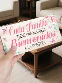 1 pieza / 2 piezas Placa de bienvenida a nuestra casa de España con flores rosas, decoración de habitación rosa, decoración del hogar, decoración de la puerta, fácil de colgar, arte de pared de 8x4 pulgadas