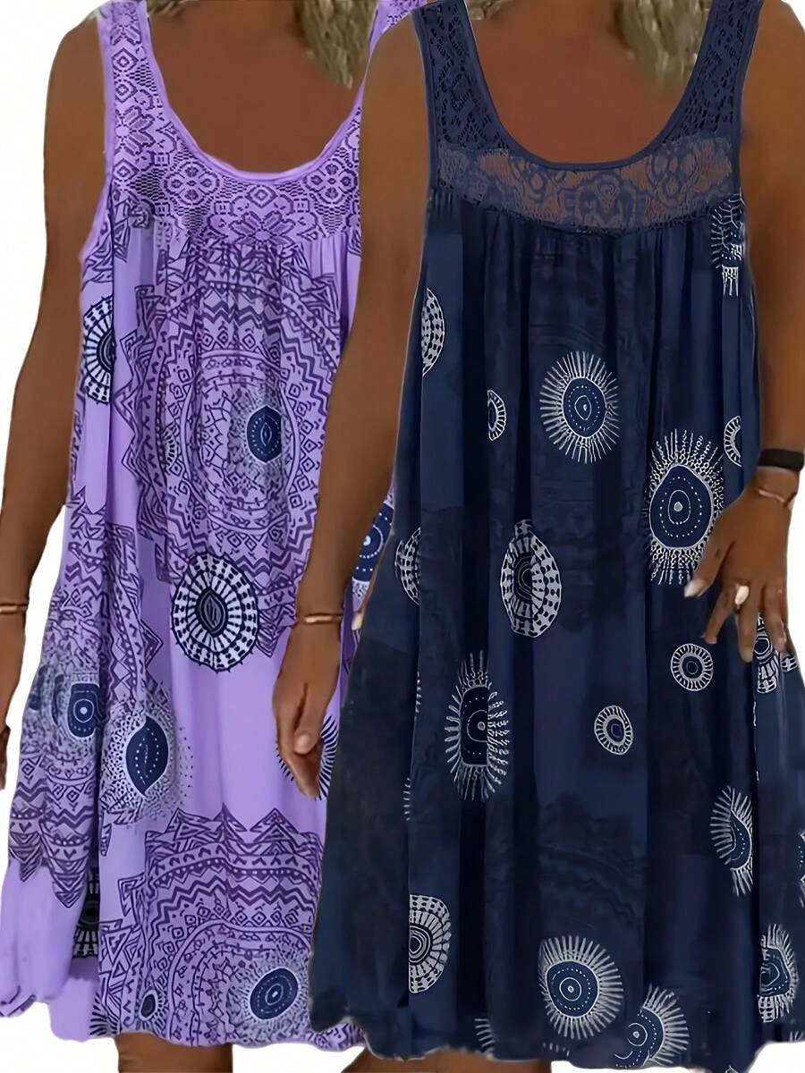 2 Women's Plus Size Pajamas-Geometric Pattern And Leaf Print Contrast Lace Decorative Dress, Medium Elastic Round Neck Four Seasons Comfortable Nightgown, Machine Washable, Soft And Breathable Material.