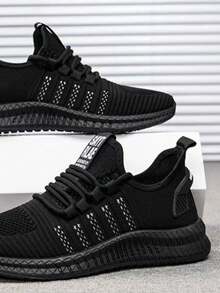 Men's Knit Breathable Athletic Casual Running Shoes, Suitable For All Seasons - Black and White - View 2