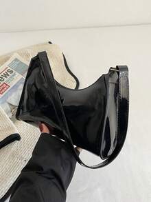 Solid Color Minimalist Luxurious Glossy Shoulder Bag - Black - View 2
