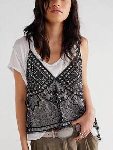Women Y2K Sequin Mesh Tank Top Glitter Floral Embroidered Cami Crop Top Sleeveless Backless Rhinestone Camisole Top Shiny Sequined VestsGoing Out Tops Streetwear - 黑色 - 查看 4
