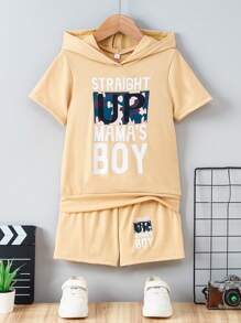 Set de 2 piezas de ropa deportiva informal de moda con estampado de letras para niños - top con capucha de manga corta y conjunto de shorts, ideal para verano