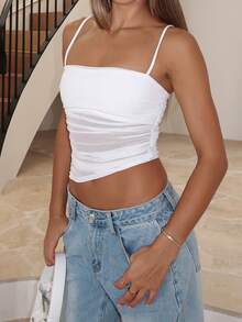 Women's Mesh Cami Tops Sleeveless Square Neck Solid Color Ruched Camisole Summer Tank Tops - White - View 3