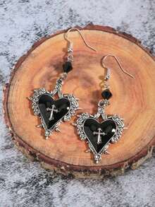 Gothic Style Cross, Heart, Rose Flower, Bow Knot, Thorn Pendant Black Beaded Y2K Hoop Earrings For Women - Silver - View 3