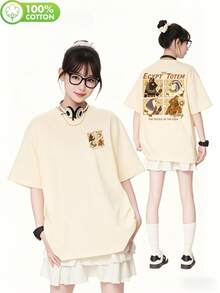 200g Pure Cotton T-Shirt 2025 Summer Ladies New Short Sleeve Pure Cotton Holiday Pattern Short Sleeve Round Neck Couple Wear Small Shirt Tops - 杏色 - 查看 1