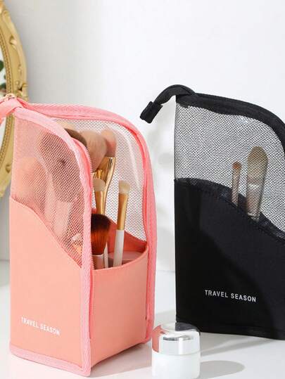 1 pieza Bolsa con cremallera para brochas de maquillaje, estuche de viaje transparente y resistente al agua para almacenar brochas de maquillaje, portátil, organizador de cosméticos, suministros de artista, esencial para el hogar, regalo, vacaciones y viajes, taza plegable para brochas de maquillaje