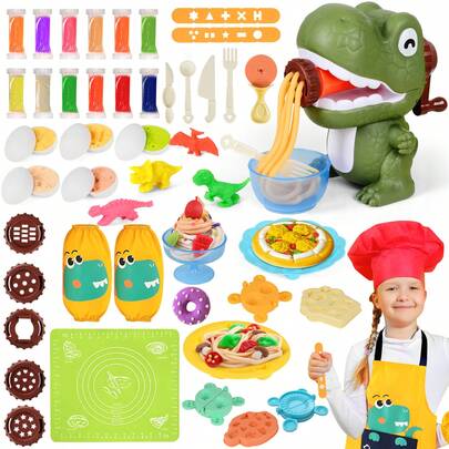 Dough Sets For Kids 3-8, Dinosaur Dough Toys Set, Play Kitchen Noodle Maker, Kitchen Color Dough With Dinosaur Eggs Modle And Apron, Play Toys For Kids Creations Ice Cream/Noodle/Cooking