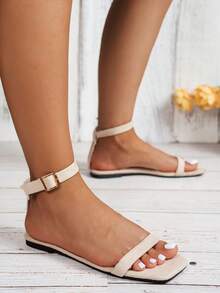 女士踝带平底凉鞋，优雅仿麂皮一脚蹬穆勒平底鞋，米色夏季休闲鞋 - 米色 - 查看 4