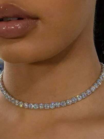 1pc Fashion Silver Plated Diamond Tennis Chain Necklace Dainty Cubic Zirconia Diamond Chain Necklaces For Women