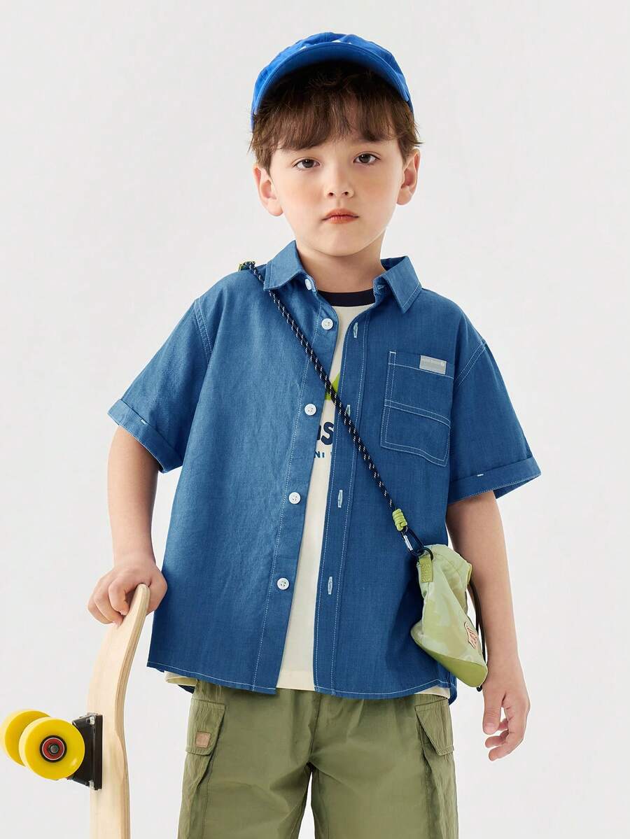 mini bala 小男孩仿牛仔衬衫 - 柔软凉爽短袖上衣，亲肤夏季 - 牛仔深藍 - 查看 1