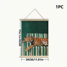 1 pieza Póster de lienzo con marco de madera, arte de pared imprimible, pintura minimalista de un leopardo tomando café, decoración de café de dopamina, decoración de cocina colorida y de moda, póster de amanecer vívido - Multicolor - Ver 16