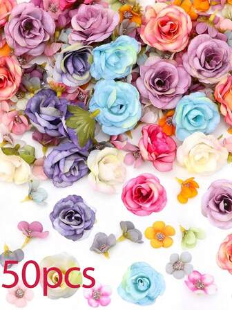 50朵迷你花头，人造玫瑰，彩色雏菊玫瑰，尺寸2.5至4厘米，可轻松放入口袋。“移动的春天”！玫瑰花瓣做旧处理，宛如一幅复古油画，雏菊点缀其间。