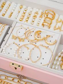 108pcs Style Simple Elegant Vintage Butterfly, Heart, Faux Pearl, Twist Knot, Lock,Rhinestone, Wide Band, Necklace, Ring, Bracelet Jewelry Set For Holiday, Party, Daily Wear - Vàng kim - 108 miếng - Xem 4
