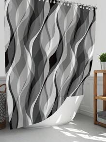 4pcs/Set Modern Abstract Wave White & Gray Striped Shower Curtain Set, Waterproof Shower Curtain With 12 Hooks, Bathroom Non-Slip Mat, U-Shaped Toilet Mat And Round Toilet Lid Cover, Bathroom Set For Full Scene Use Back To School