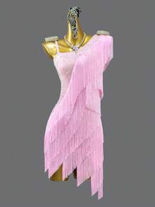 ABC Dancing New Style Latin Dance Dress With Fringe For Women And Girls, Competition Ballroom Dance Performance Sexy Outfit Custom Made For Salsa, Cha Cha Cha Party - Baby Pink - View 3