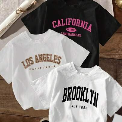 (220 Cotton T-Shirt) 3-Piece Set With Bold Letters "BROOKLYN" Printed Men's Summer Round Neck Short Sleeved Casual Cotton Print
