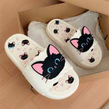1 Pair Cute & Cool Black Cat Design Women Summer Slippers, Soft Bottom Indoor/Outdoor House Slipper, Student Dormitory