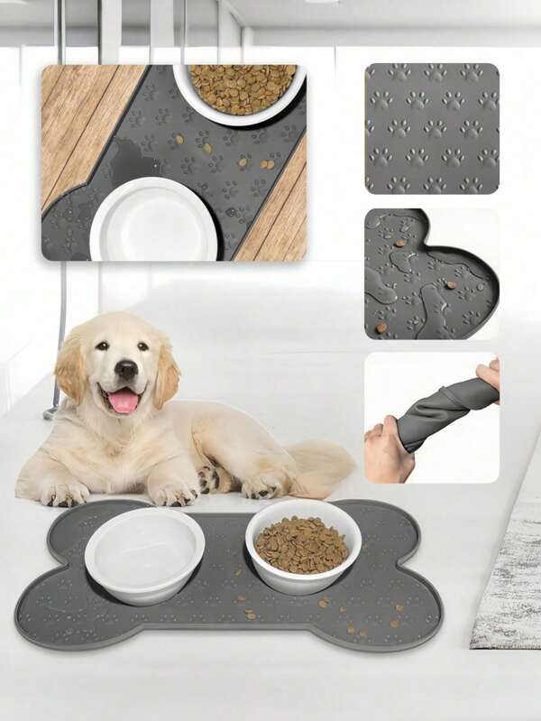 1pc Bone Shape Many Paw Placemat Dog Food Mat Anti-Slip Silicone Dog Bowl Mat Thicker Pet Placemat Waterproof Cat Feeder Pad With Raised Edge Puppy Kitten Feeding Mats Suitable Small Medium-Sized Dogs Cats Eating Tray
