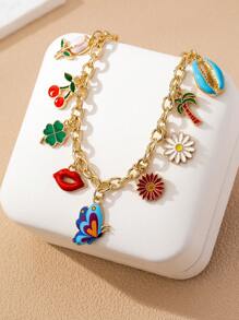 1pc Women's Enamel Chain Pendant Necklace With Versatile Elements Like Butterfly, Flower, Clover, Cherry, Shell, Suitable For Daily Wear And Party