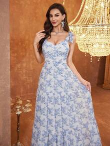 Wedding Chiffon Ditsy Floral With White Lining, Strapped, Padded A-Line Bridesmaid Dress - Blue and White - View 6